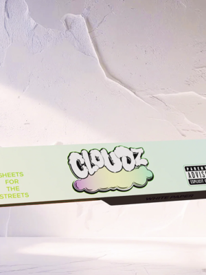 Pastel green box of Cloudz white paper with a colorful cloud logo and the slogan 'Sheets for the Streets'.