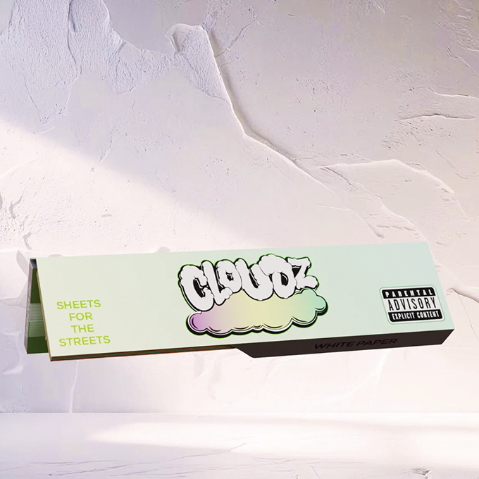 Pastel green box of Cloudz white paper with a colorful cloud logo and the slogan 'Sheets for the Streets'.