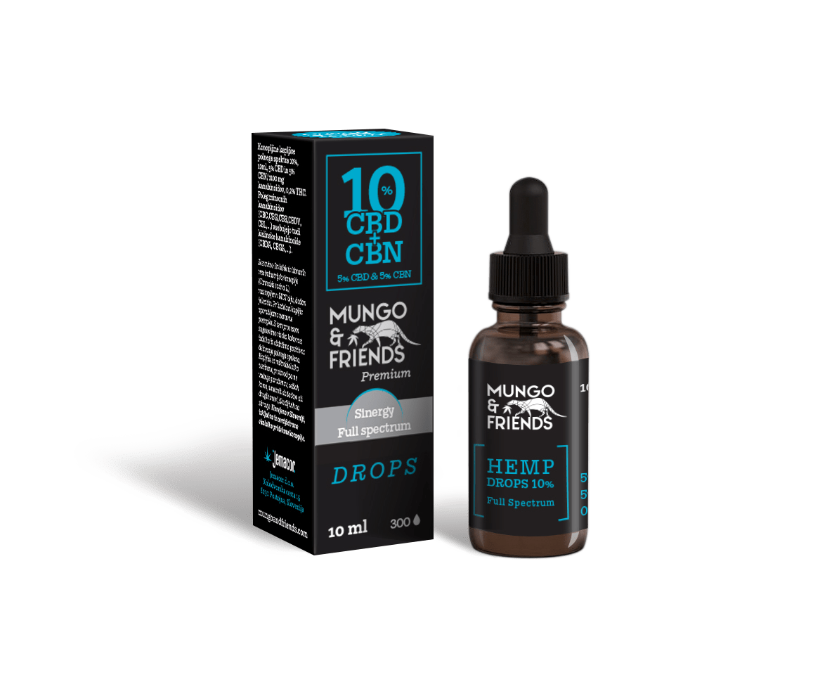 Bottle and packaging for Mungo & Friends Hemp Drops 10% CBD, full spectrum, 10 ml