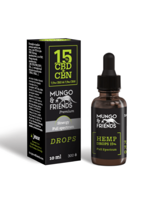 VOL-102 - Volcano Premium Herbstones Bottle of Mungo & Friends hemp drops 15% CBD/CBN with droppers beside its black packaging box, full-spectrum label visible