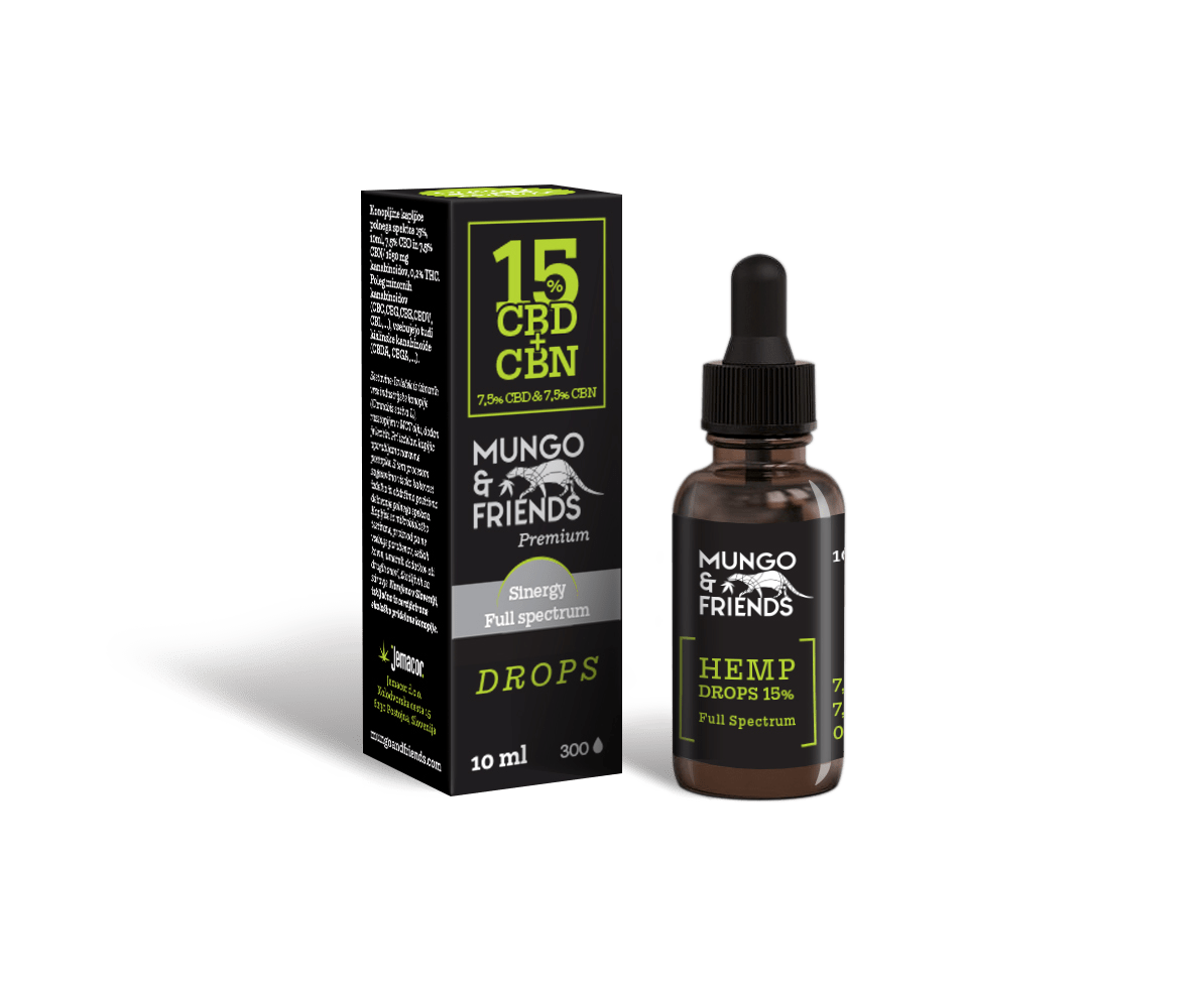 Bottle of Mungo & Friends hemp drops 15% CBD/CBN with droppers beside its black packaging box, full-spectrum label visible