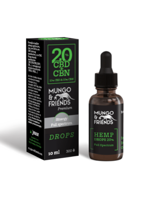 Mungo & Friends Hemp Drops 20% CBD bottle next to its black box with green labels, 10 ml bottle and full spectrum drops