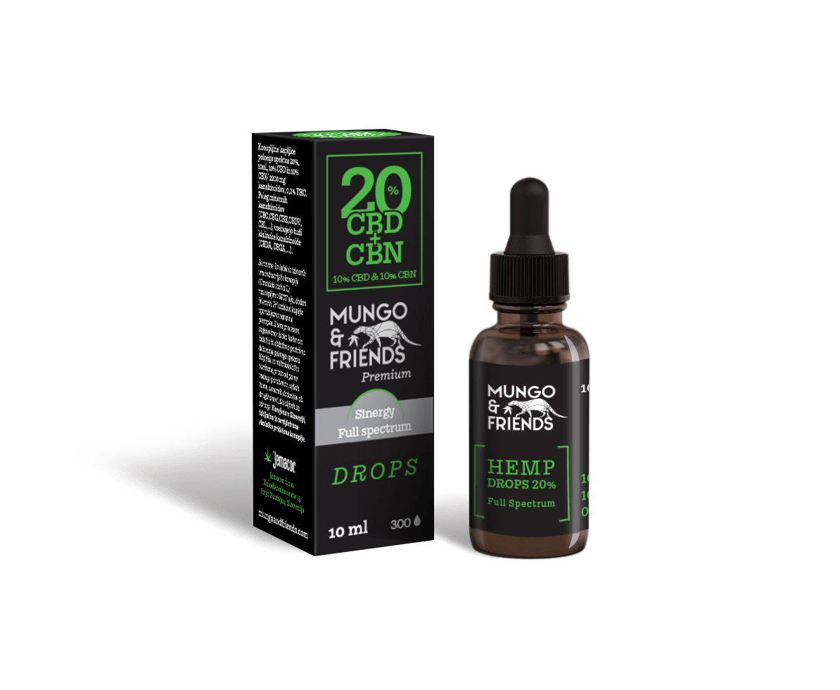Mungo & Friends Hemp Drops 20% CBD bottle next to its black box with green labels, 10 ml bottle and full spectrum drops