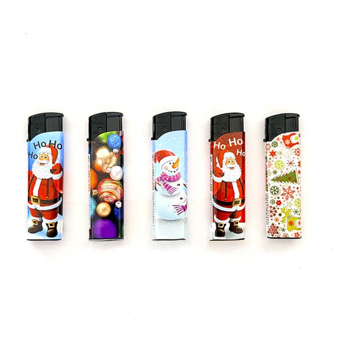 Five disposable lighters with Christmas-themed wrappers arranged in a row on a white background (Santa, ornaments, snowman, Santa, and snowflake patterns).