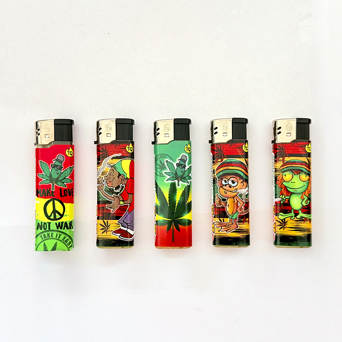 Five colorful disposable lighters in a row, each with reggae and cartoon designs (marijuana leaf motifs and characters).