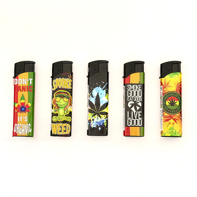 Five colorful lighters arranged in a row, each with cannabis-themed graphics and bold slogans like 'Don't Panic, It’s Organic' and 'Smoke Weed'.
