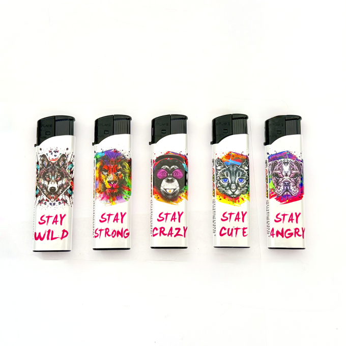 Five white lighters lined up, each with a colorful animal illustration and a catchy phrase: Stay Wild, Stay Strong, Stay Crazy, Stay Cute, Stay Angry.