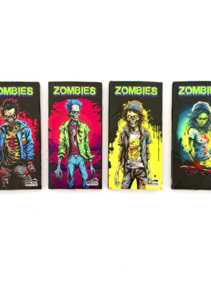 Four zombie-themed illustrated boxes lined up in a row, each with a neon-colored zombie and the word ZOMBIES on the top.