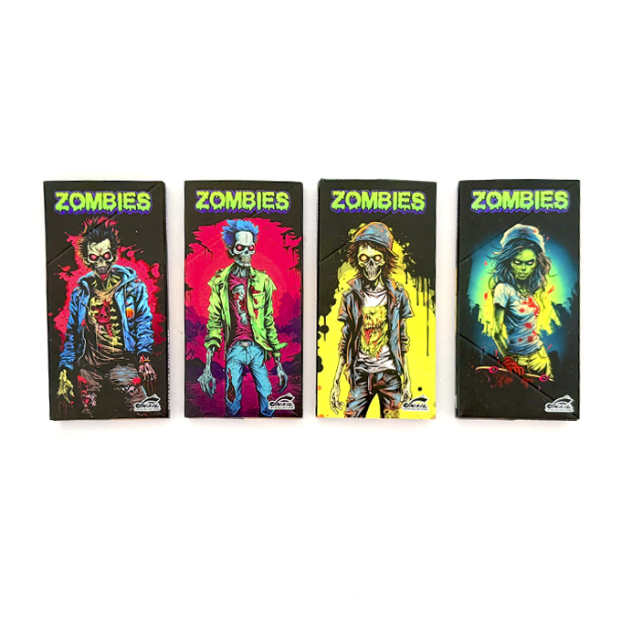 Four zombie-themed illustrated boxes lined up in a row, each with a neon-colored zombie and the word ZOMBIES on the top.