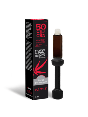 Paste-style CBD product from Mungo & Friends: black box and brown dropper bottle with red cannabis leaf, labeled 50% CBD, 40% CBD 10% CBN, Sinergy Full spectrum, 5 ml.