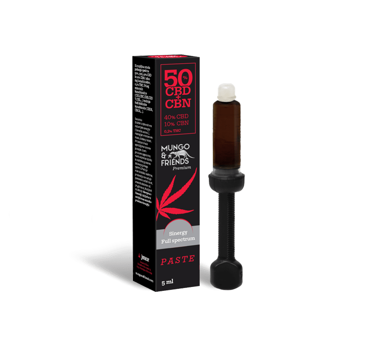 Paste-style CBD product from Mungo & Friends: black box and brown dropper bottle with red cannabis leaf, labeled 50% CBD, 40% CBD 10% CBN, Sinergy Full spectrum, 5 ml.