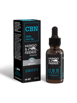 VOL-87 - Volcano Premium Herbstones Mungo & Friends CBN Drops full spectrum bottle beside its black box, 10 ml