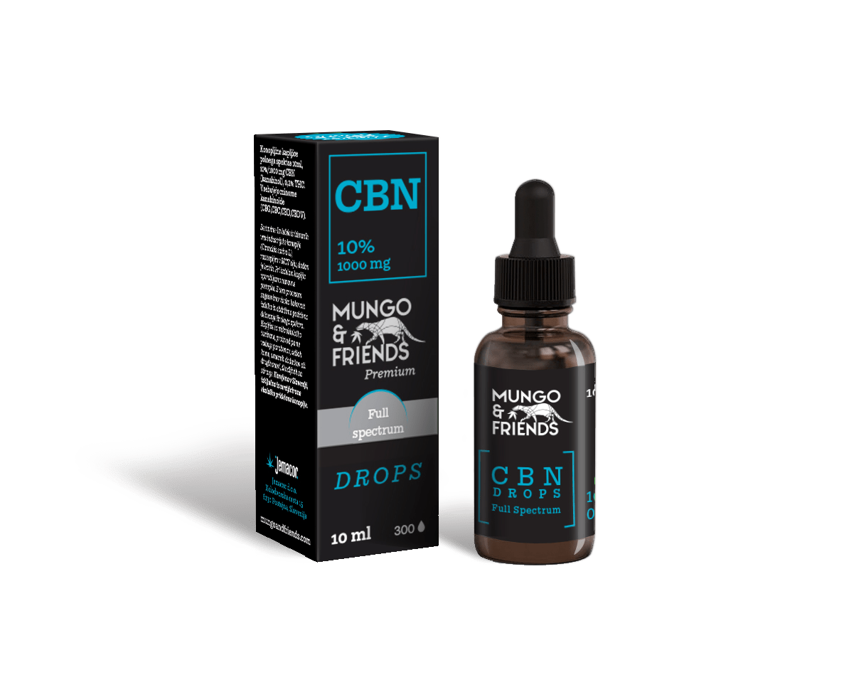 Mungo & Friends CBN Drops full spectrum bottle beside its black box, 10 ml