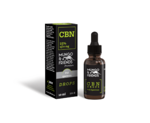 CBN Drops bottle with matchbox-style box from Mungo & Friends, full-spectrum hemp extract, 10 ml