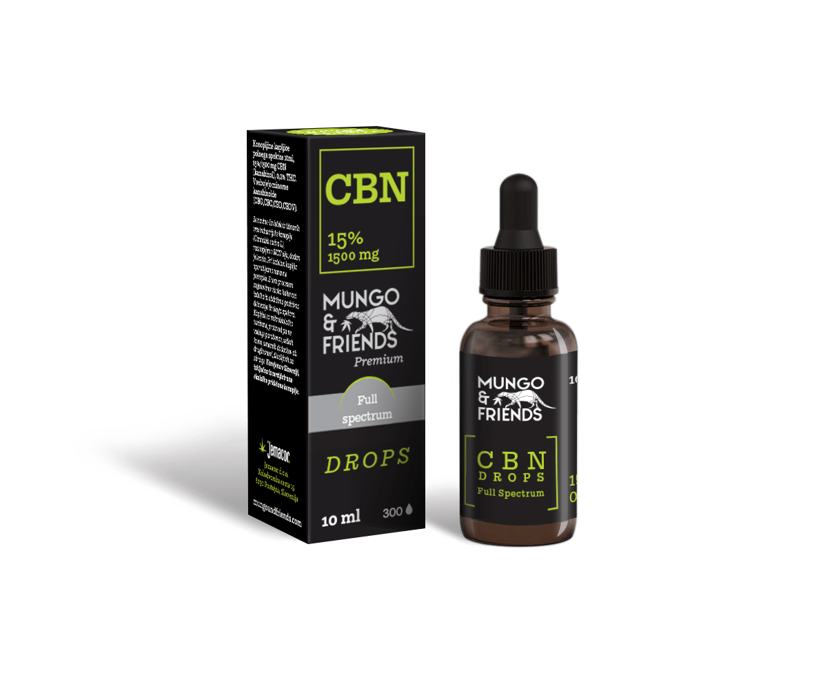 CBN Drops bottle with matchbox-style box from Mungo & Friends, full-spectrum hemp extract, 10 ml