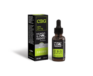 Mungo & Friends CBD Drops bottle beside black packaging with green label, 10 ml, full-spectrum