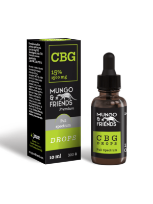VOL-90 - Volcano Premium Herbstones Mungo & Friends CBD Drops bottle beside black packaging with green label, 10 ml, full-spectrum