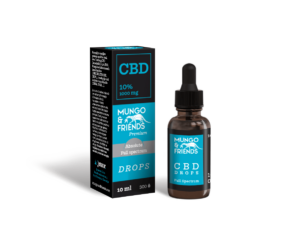 CBD Drops by Mungo & Friends with blue label, bottle and matching box (Full Spectrum) side by side, 10 ml