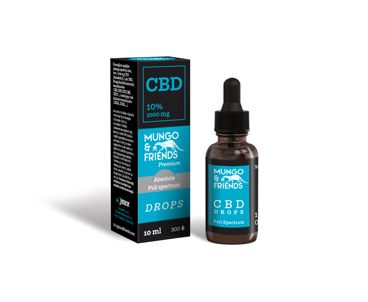 CBD Drops by Mungo & Friends with blue label, bottle and matching box (Full Spectrum) side by side, 10 ml