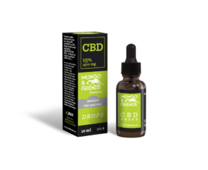 CBD drops bottle and box labeled Mungo & Friends Premium Full Spectrum with bright green design (10 ml).