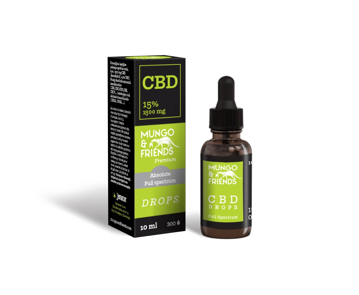 CBD drops bottle and box labeled Mungo & Friends Premium Full Spectrum with bright green design (10 ml).