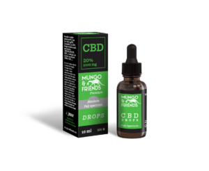 CBD drops bottle and matching black-green box labeled Mungo & Friends CBD Drops, Full Spectrum, 10 ml (green label)