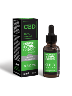 CBD drops bottle and matching black-green box labeled Mungo & Friends CBD Drops, Full Spectrum, 10 ml (green label)