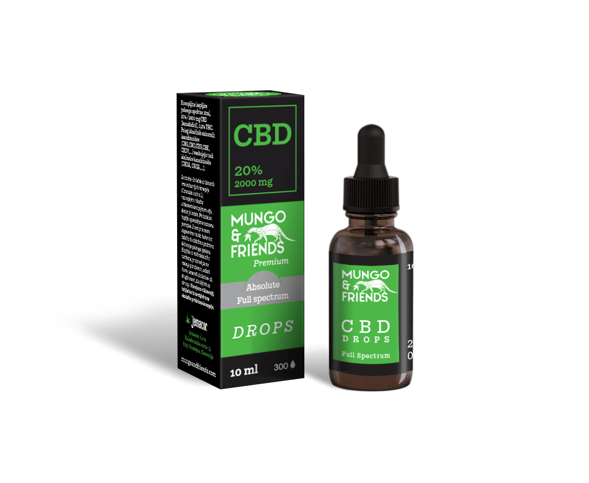 CBD drops bottle and matching black-green box labeled Mungo & Friends CBD Drops, Full Spectrum, 10 ml (green label)