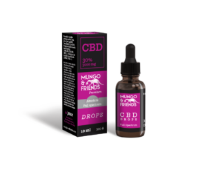 Box and dropper bottle labeled Mungo & Friends CBD Drops, 30% CBD (3000 mg), full spectrum, 10 ml
