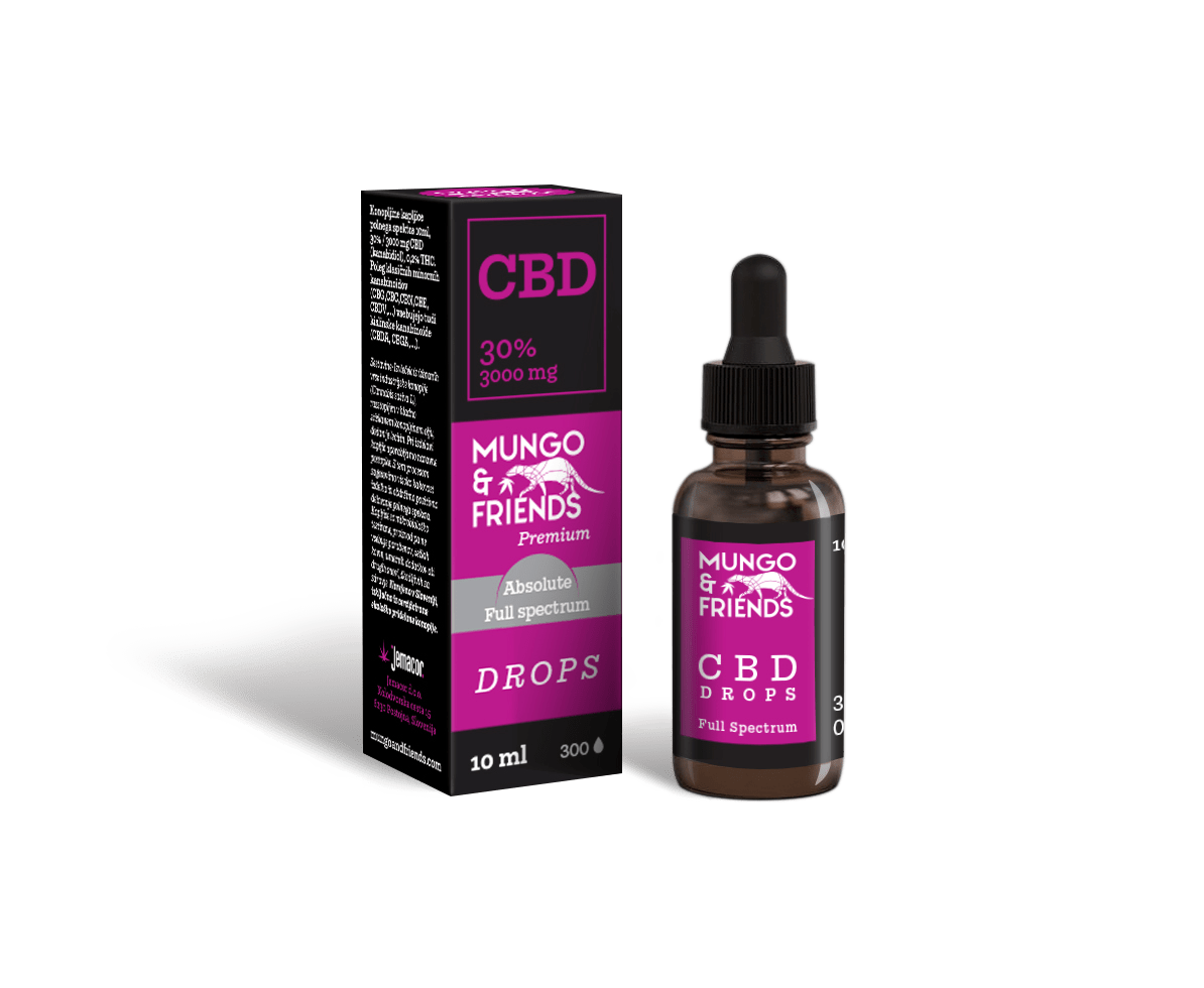 Box and dropper bottle labeled Mungo & Friends CBD Drops, 30% CBD (3000 mg), full spectrum, 10 ml