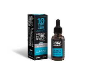 Box and brown dropper bottle labeled Mungo & Friends Hemp Drops 10% CBD, full-spectrum.