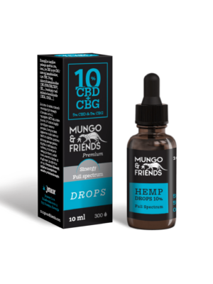 Box and brown dropper bottle labeled Mungo & Friends Hemp Drops 10% CBD, full-spectrum.