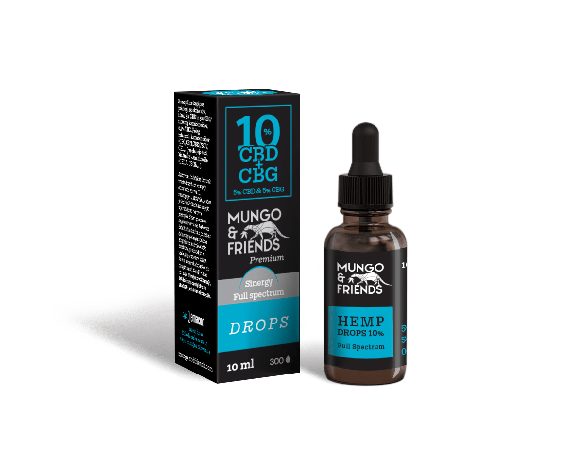 Box and brown dropper bottle labeled Mungo & Friends Hemp Drops 10% CBD, full-spectrum.