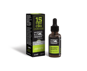 Brown dropper bottle and matching black-green box for Mungo & Friends Hemp Drops 15% CBD, full spectrum.