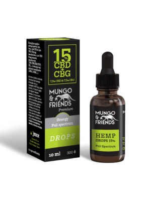 Brown dropper bottle and matching black-green box for Mungo & Friends Hemp Drops 15% CBD, full spectrum.