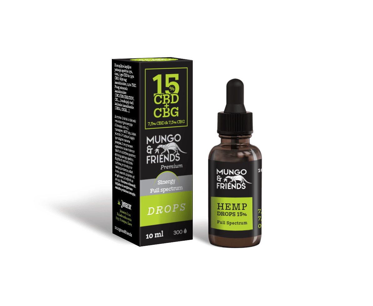 Brown dropper bottle and matching black-green box for Mungo & Friends Hemp Drops 15% CBD, full spectrum.