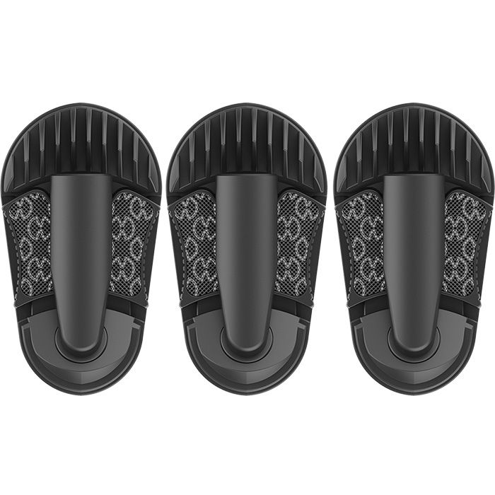 Three identical black handheld fabric lint removers with curved handles, lined up in a row, ready to remove lint from clothing.