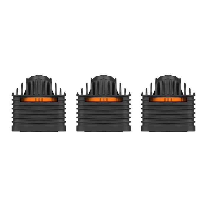 Three identical black ribbed heat sinks with an orange interior, aligned in a row.
