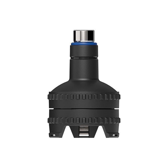 Black rebuildable vaping atomizer with knurled airflow rings and wide-bore top cap, shown from front.