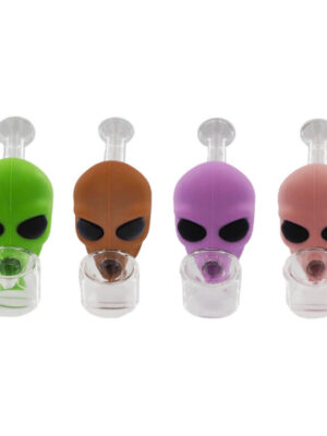 Four alien-shaped silicone smoking pipes in green, brown, purple, and pink, each with a clear glass bowl.