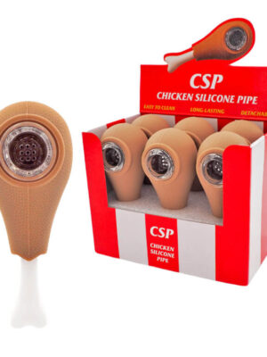 Beige silicone smoking pipes shaped like chicken legs arranged in a red CSP display box labeled 'Chicken Silicone Pipe'.