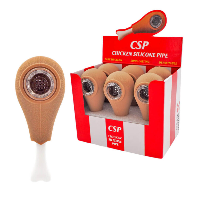 Beige silicone smoking pipes shaped like chicken legs arranged in a red CSP display box labeled 'Chicken Silicone Pipe'.