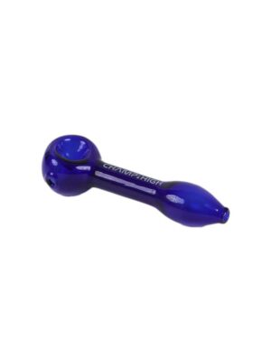 Blue glass hand pipe with a rounded bowl on the left and a curved stem on a white background.