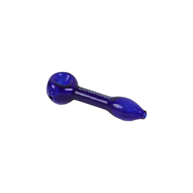 Blue glass hand pipe with a rounded bowl on the left and a curved stem on a white background.
