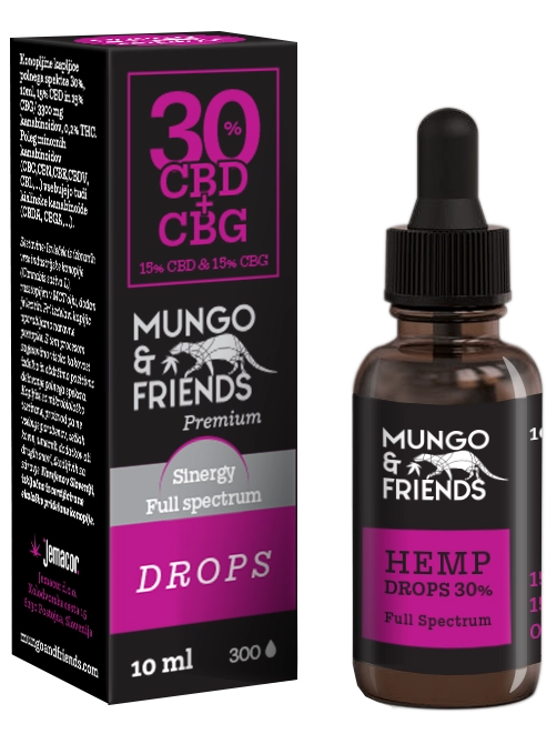 VOL-445 - Volcano Premium Herbstones Box and dropper bottle of Mungo & Friends Premium Hemp Drops with 30% CBD + CBG and 15% CBD + 15% CBG, full spectrum label visible.