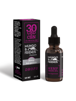 VOL-446 - Volcano Premium Herbstones Mungo & Friends hemp CBD drops bottle beside the black box with pink 30% CBD/CBN label, full-spectrum formula.