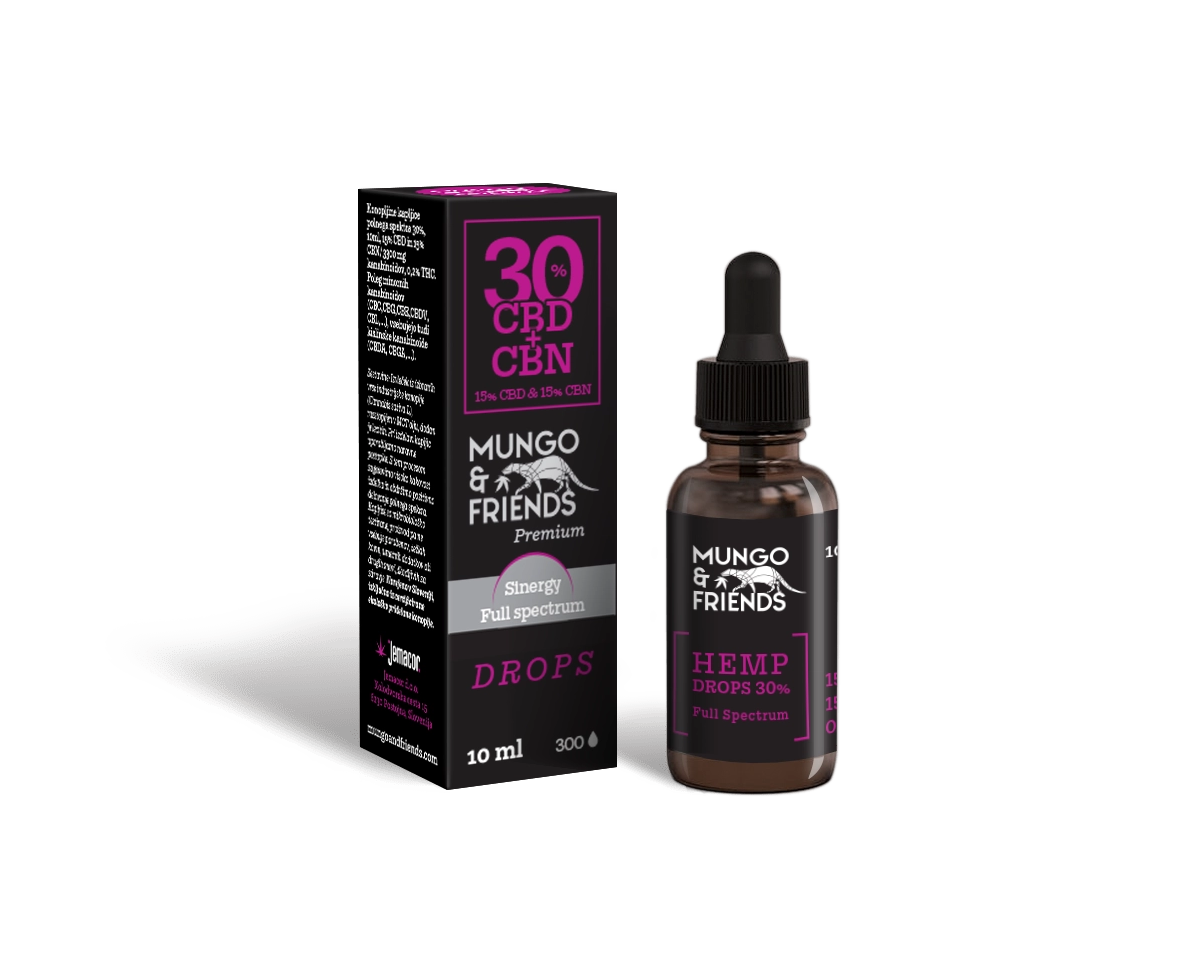 Mungo & Friends hemp CBD drops bottle beside the black box with pink 30% CBD/CBN label, full-spectrum formula.