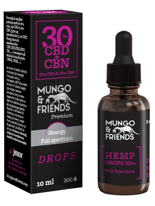 VOL-446 - Volcano Premium Herbstones Boxed Mungo & Friends Hemp Drops 30% CBD + CBN, full‑spectrum, 10 ml with dropper bottle; pink and white branding on black packaging.