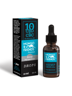 Dropper bottle labeled Mungo & Friends Hemp Drops 10% CBD, full spectrum, with packaging shown beside it (10 ml)