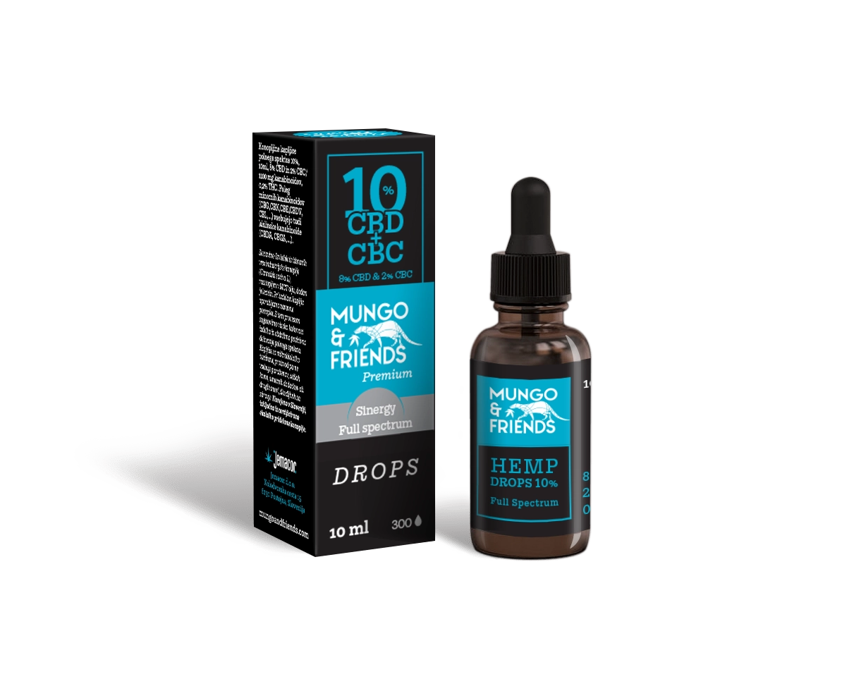 Dropper bottle labeled Mungo & Friends Hemp Drops 10% CBD, full spectrum, with packaging shown beside it (10 ml)